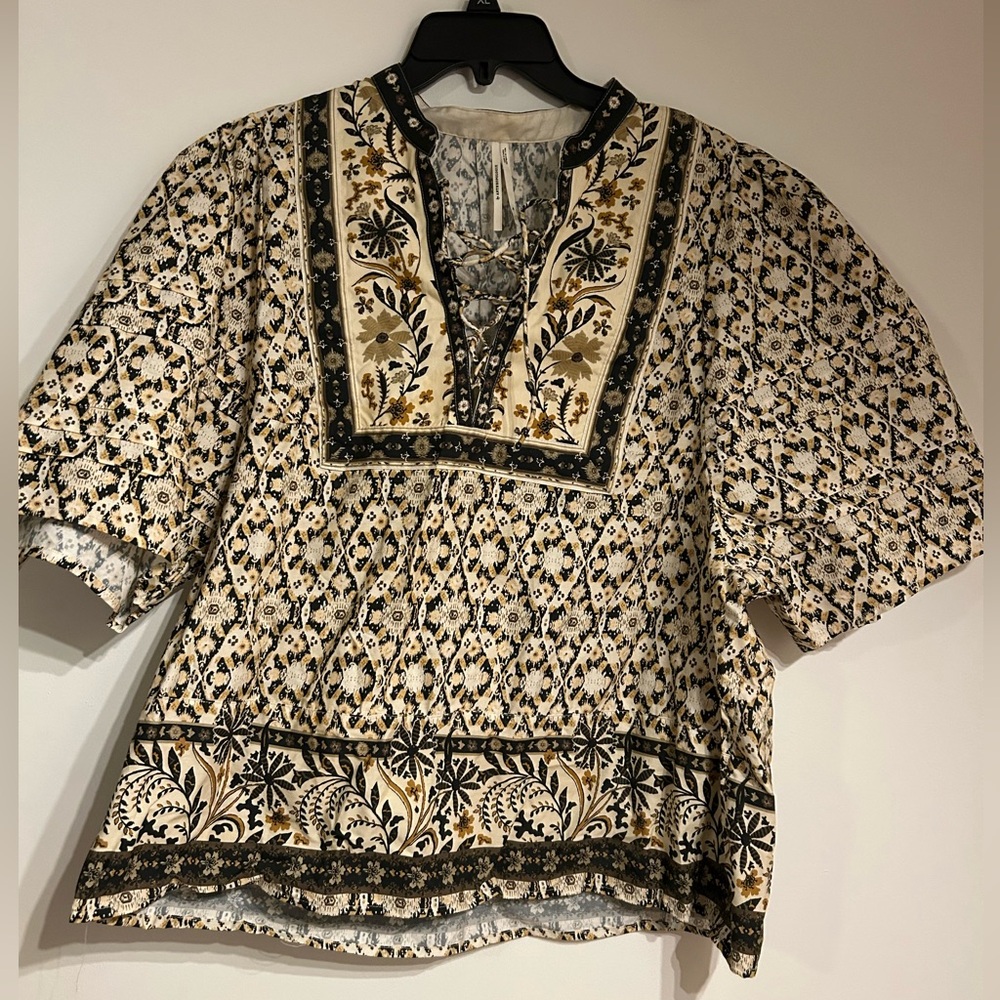 Anthropologie Black and Cream Patterned Blouse
